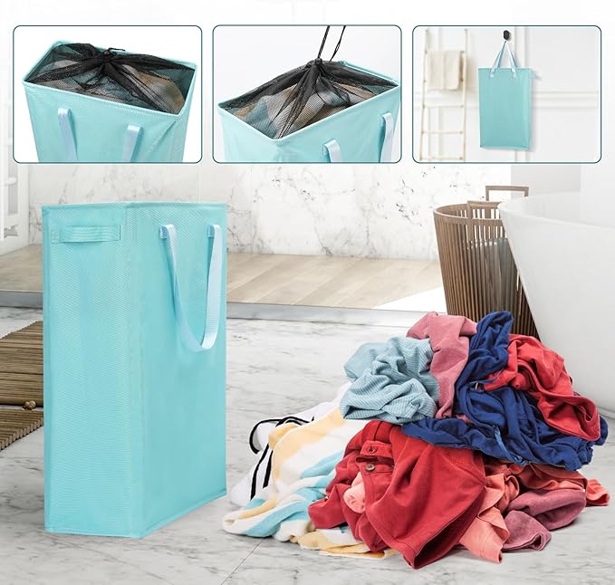 Odonata Slim Laundry Hamper Handles Collapsible Laundry Basket Thin Dirty Clothes Basket Narrow Laundry Bag Foldable Dirty Hamper 45L (Baby Blue)