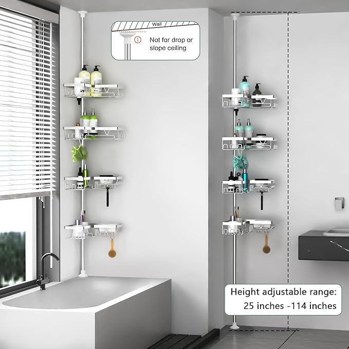 DAOYA Shower Caddy Tension Pole - Corner Shower Shelves with Soap Holder Bathroom Shower Organizer for Tub (Stainless Steel, Silver, Floor to Ceiling 25-114.2 inch)