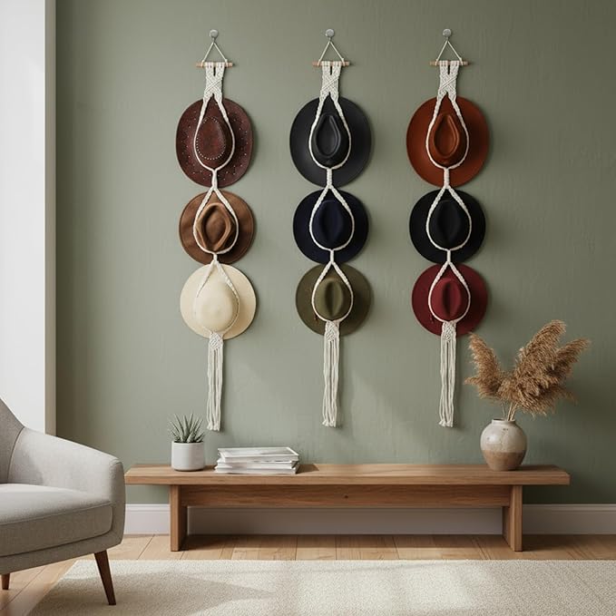 3 PCS Macrame Hat Hangers for Wall, Bohemian Hand Weaving Boho Hat Rack Organizer for Cowboy, Wide Brim, Bowler & Fedora Hats, Decorative Western Door & Wall Hanging Display (3 Hats Style)