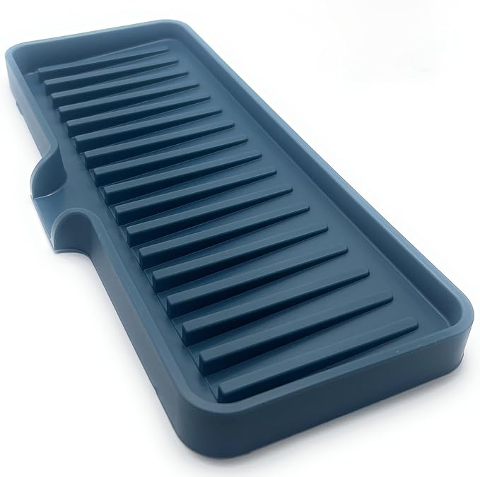 Silicone Soap Dish Tray and Sponge Holder with Drain Chute, Rectangular, Kitchen and Bathroom Sink Organizer (Smoky Blue, 9"x3.5")