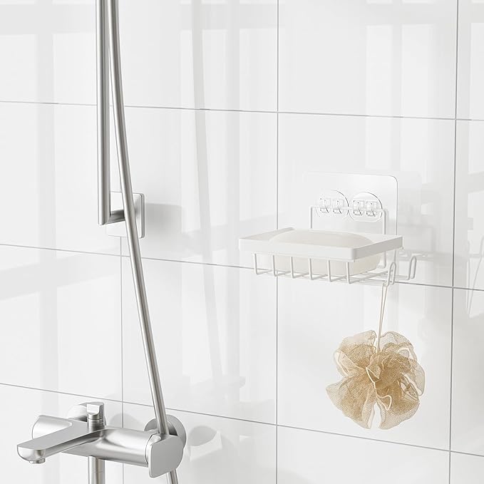 White Soap Dish for Shower Wall, Adhesive Self Draining Shower Bar Soap Holder Container Caddy Saver with 2 Hooks for Razor Loofah, Shampoo Sponge Tray Case Box for Bathroom Kitchen Sink