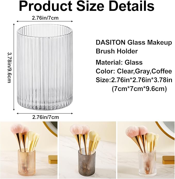 DASITON Makeup Brush Holder Organizer, Crystal Cosmetic Makeup Brushes Storage Holder, Glass Make Up Brush Holder, Vintage Striped Make Up Cup Desk Pen Pencil Holder, Toothbrush Holders (Clear S)