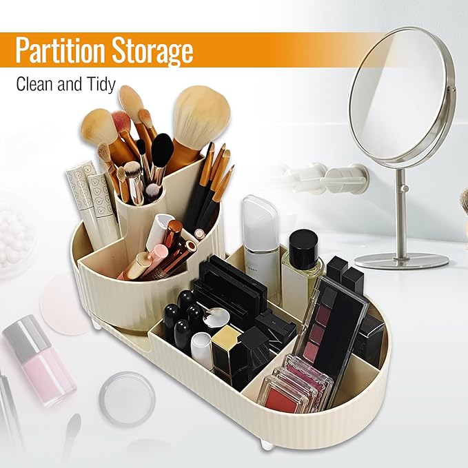 360 Rotating Spinning Makeup Organizer - Cosmetic Skincare Organizer with Brush Holder - Countertop Display Case