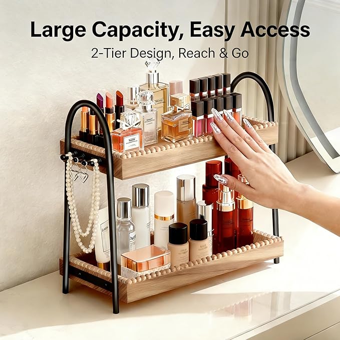 2-Tier Bathroom Countertop Organizer with 8 Hooks -Wooden Perfume & Makeup Storage Tray for Vanity Dresser, Farmhouse Skincare Organizer & Jewelry Holder for Kitchen Coffee Station