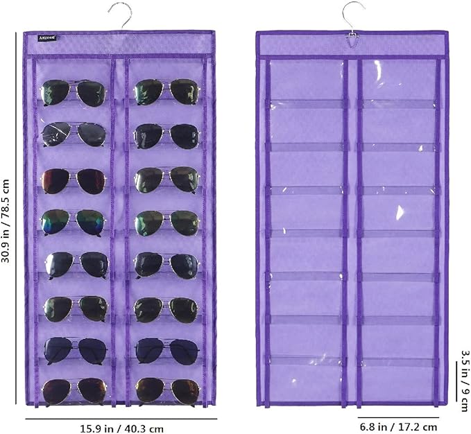 Dual Sided Hanging Sunglasses Organizer Wall Eyeglass Holder Sunglass Rack for Home with 32 Dust Proof Pockets (32 Pockets-Purple)