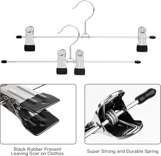 Metal Pants Hangers with Clips, Lightweight Skirt Hangers, 13 Inch, Strong Grip Clips, Black and Silver, 15 lb Capacity