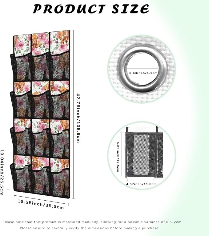 Roses and Highland Cattle Shoe Organizer for Door Hanging Easy to Install Door Hanging Shoe Organizer,Mesh Pockets with 4 Metal Hook Wall Hanging Storage