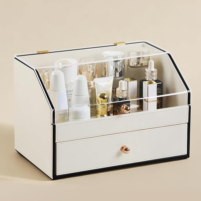 Leather Makeup Organizer & Skincare Storage Rack - Cosmetic Display Case with Dustproof Transparent Cover, Drawer Jewelry Storage, for Bedroom Vanity, Perfume & Lipstick Organizer - White
