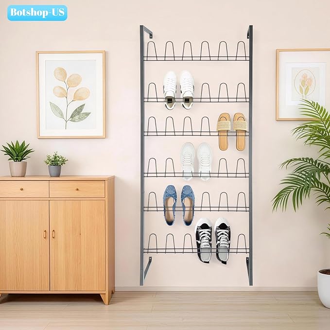 Gdrasuya10 Black Metal Hanging Wall Shoe Rack for Closet, Mudroom and Entryway, 6 Tier 70" Tall Wall Mounted Space Saving Boot and Shoe Rack Organizer, Holds 18 Pairs