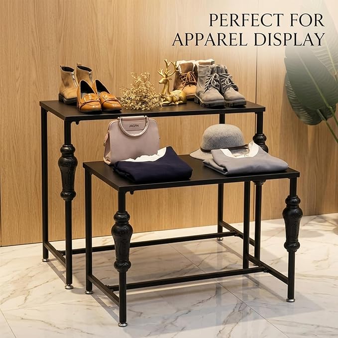 Industrial Retail Display Tables, Standing Clothing Shoes Display Rack, Set of 2 Boutique Display Riser, Retro Unit Storage Shelves, Garment/Handbag Display Stand
