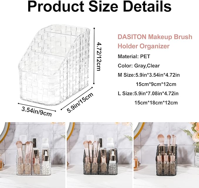 DASITON Makeup Brush Holder Organizer, 3 Slots Acrylic Makeup Brushes Storage Cup, Woven Texture Make Up Brush Holder for Vanity Bathroom Office, Pen Holder for Desk, Cosmetic Display Cases (Clear M)