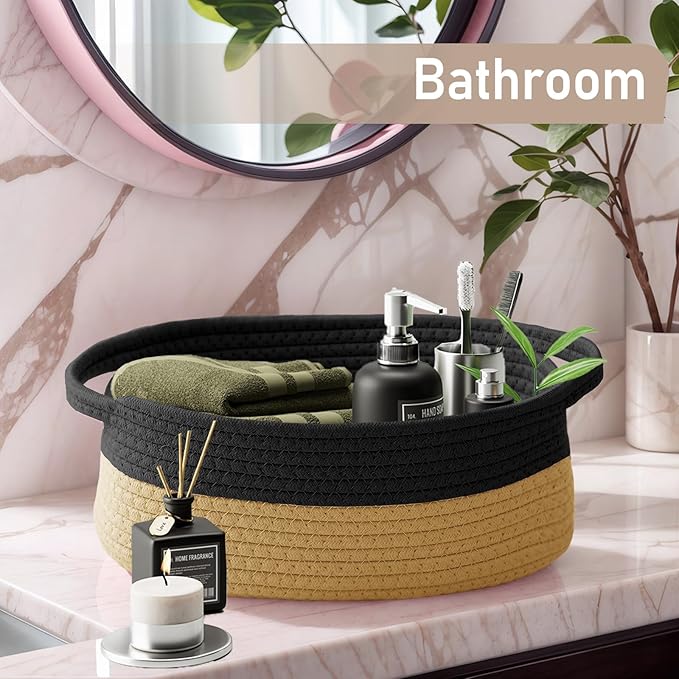 JMvicyroam Woven Basket,Small Rope Storage Bin with Handles & Ribbon Bag, Organizer for Shelves Closets,Gift Basket Empty for Birthday,Books,Dog Toys, Black&Jute/2 Pack