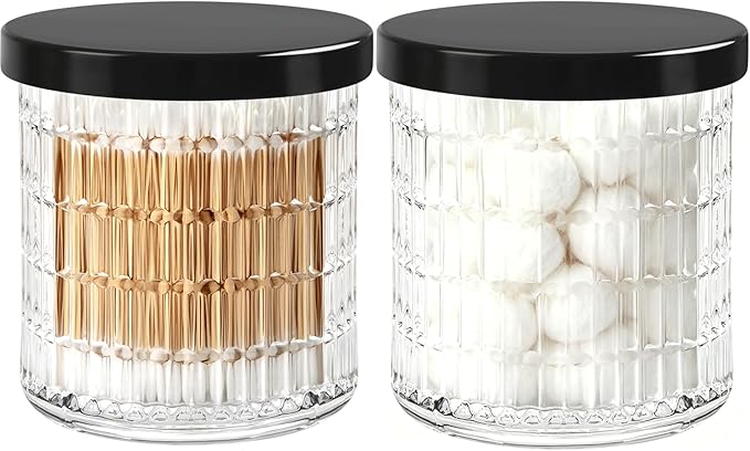 2 Pack Qtip Holder Bathroom Set - Glass Apothecary Jars with Lids, Canisters for Cotton Balls.Swabs, Floss Picks, Hair Ties - Vanity Organizer & Vintage Bathroom Storage (Clear)