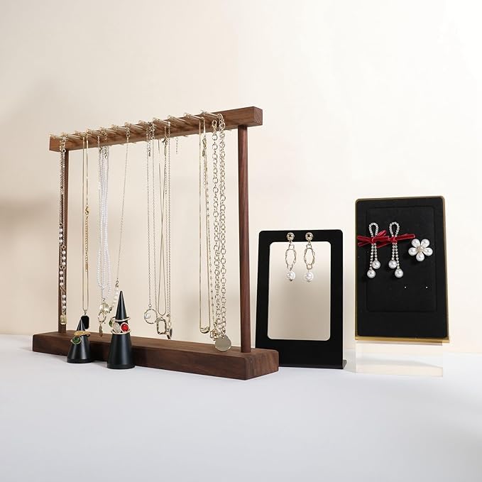 Medium necklace hanger shelf with 12 copper bars, Wooden jewelry storage organizer rack for hanger necklace bracelet, necklace display stand for boutique store【Walnut】