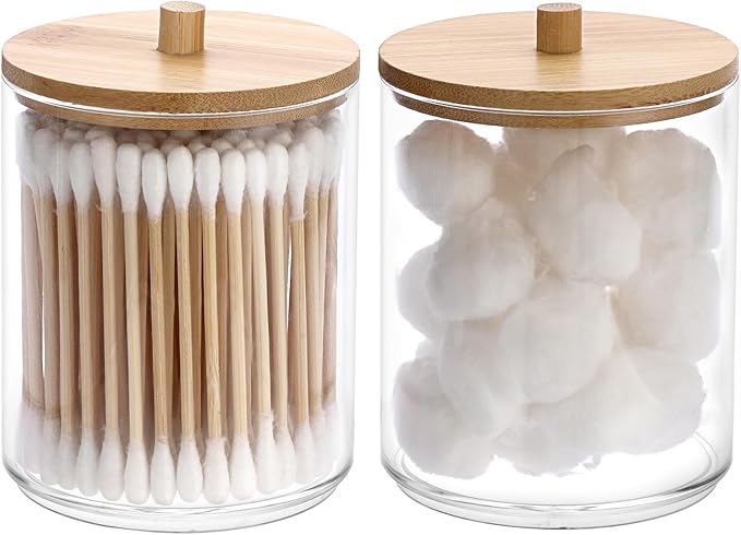 Hipiwe 2 Packs Acrylic Qtip Holder Clear Bathroom Dispenser with Lid Plastic Bathroom Canisters Round Apothecary Jar Set Cotton Swab and Ball Storage Organizer for Makeup Sponges, Bath Salts