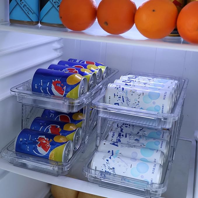 Soda Can Dispenser for Refrigerator,Stretchable Width Sode Can Organizer Stackable Drink Pop Can Organizer for Pantry,Cabinet,Canned Goods Holder, Clear