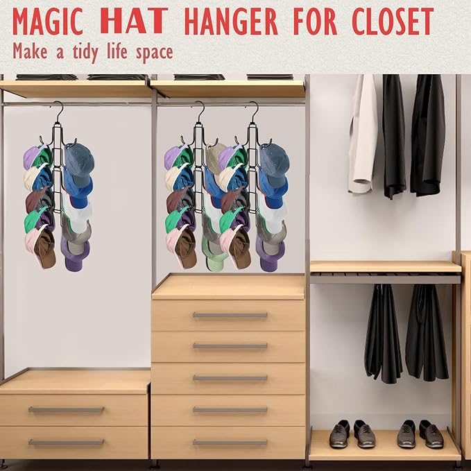 Hat Organizer for Closet, Collapsible Caps Rack with 10 Rotatable Large Hooks, Holds Up to 40 Baseball Caps, Metal Space Saving Hat Hanger for Display, Storage and Closet Organizers, Black
