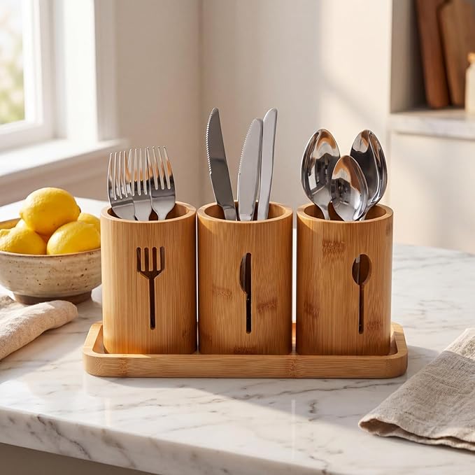 Lyellfe Silverware Holder, Bamboo Utensil Organizer with Tray, Kitchen Cutlery Flatware Holder Organizer for Spoons, Knives and Forks, Ideal for Kitchen and Restaurant