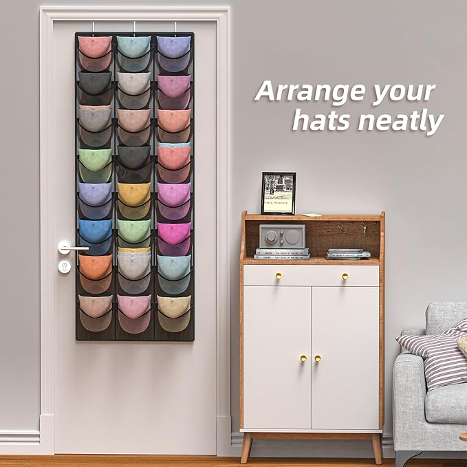Hat Organizer Racks for Baseball Caps, 24 Deeper Pockets Baseball Hat Rack, Cap Rack, Hat Rack for Door with 3 Hooks