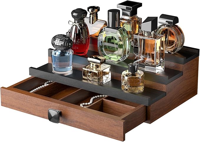 Cologne Organizer for Men: with Hidden Vault & Drawer, 3 Tier Wooden Cologne Stand Desktop Perfume Display Shelf, Bedroom Dresser Makeup Lotion Jewelry Storage Organizer 