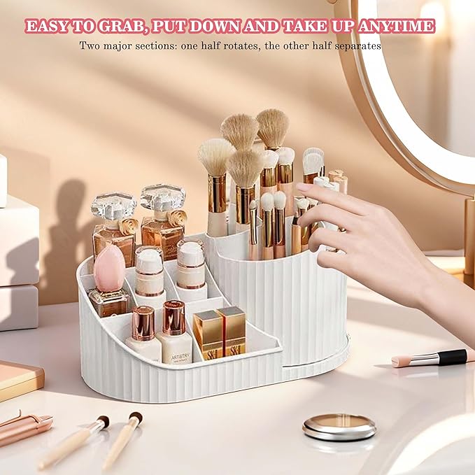 Makeup Organizer with Rotating Brush Holder Vanity Organizer Cosmetic Storage for Dresser Bathroom Countertop Organizer for Vanity, Cosmetic Display Case for Lipstick, Skincare, Brushes, Eyeshadow