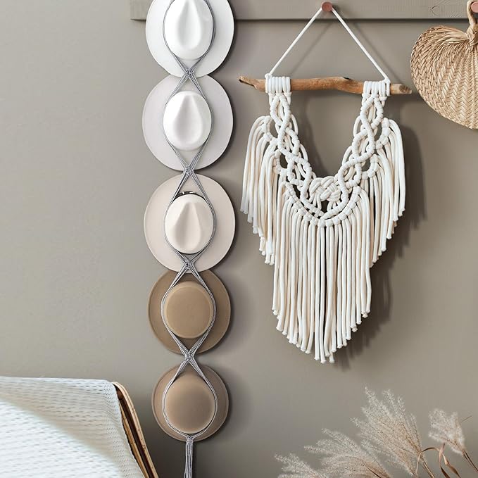 Yulejo Macrame Hat Hangers Racks Boho Cowboy Hats Holders Western Display Organizer Storage decor Back of Door for Wall(Gray,Five Hats Style)