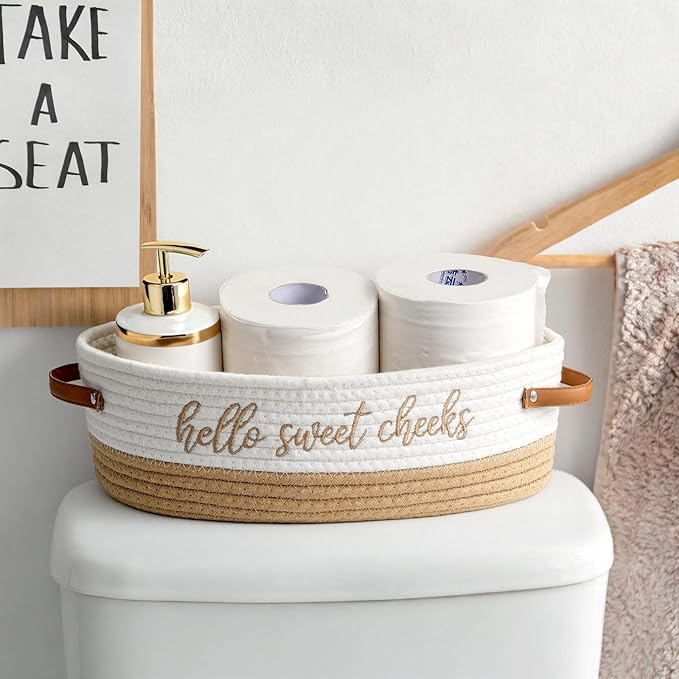 Hello Sweet Cheeks Bathroom Decoration Brown and White Cotton Rope Toilet Basket Toilet Paper Holder Basket Rustic Bathroom Organizer Farmhouse Home Decoration Organizing Small Baskets