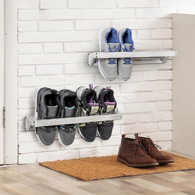 MyGift Set of 4 Shabby White Washed Solid Wood Hanging Shoe Storage Organizer Racks, Wall Mounted Space Saving Footwear Holder for Closet, Mudroom, Entryway, Holds 8 Pairs