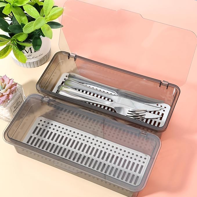Rainmae 3Pcs Flatware Tray with Lid and Drainer, Large Plastic Silverware Utensil Kitchen Drawer Organizer Clear Cutlery Storage Container with Cover Dinnerware Holder Box for Home and Travel