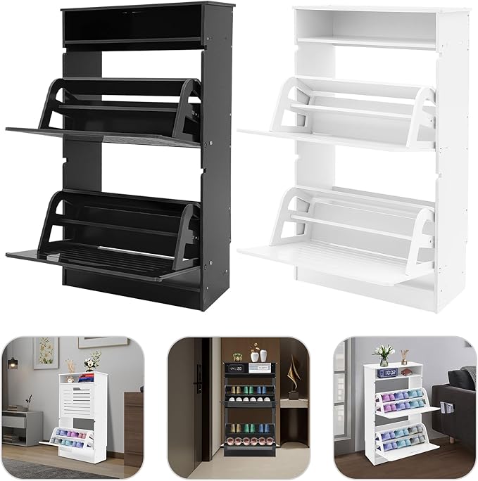Free Standing Shoe Rack for Entryway, Hidden Narrow Shoe Storage Cabinet w/2 Flip Drawers, Shoe Organizer Cabinet for Bedroom Hallway Home Apartment (White)