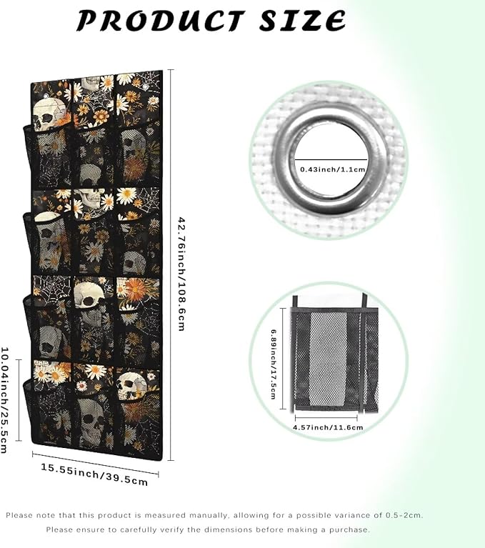Skull Flowers 12-Pocket Over Door Hanging Shelves - Adjustable Compartments for Spices, Snacks, Cosmetics - Easy No-Tools Assembly