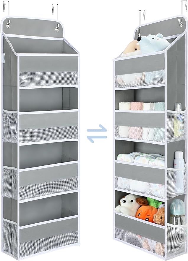 Yecaye 1 Pc Over the Door Organizer with 5 Bins 10 Side Pockets, 44lbs Load Hanging Bathroom and Bedroom Organizer, behind the Door Hanging Organizers for Nursery Newborn Baby Essential Stuff Grey