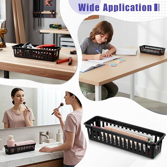 12 Pcs Slim Plastic Storage Baskets Tray, 10 x 3 x 2.4 Inch Black Small Narrow Storage Bins Stackable Desktop Stationery Holder for School, Classroom, Office, Home