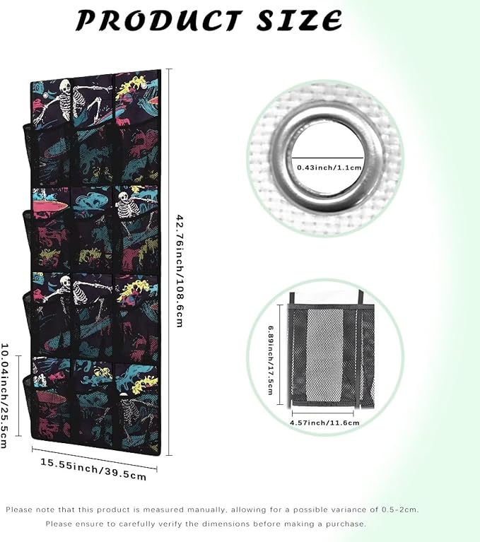 Skull Hanging Storage Organizer with 12 Breathable Mesh Pockets over the Door Shoe Rack for Closet Door Organizer Heavy Duty Space Saving Hanging Storage Bag for College Dorms