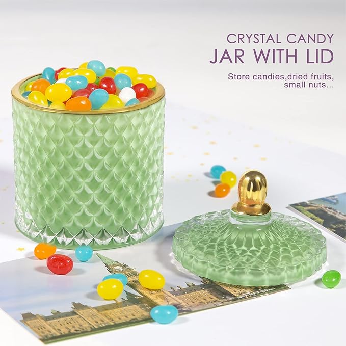 ALAMHI Candy Dish with Lid Glass Decorative Box, Vintage Jewelry Box, Small Candy Jar with Lid Crystal Apothecary Decor Box, Birthday Gifts For Friends Female (Green)