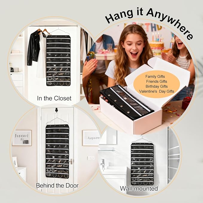 Hanging Jewelry Organizer Storage Roll 80 Zippered Pockets with Detachable Hanger Double-Sided Foldable, Travel Jewelry Holder for Earrings, Rings, Bracelets, Hanging on Closet, Wall, Door, Black