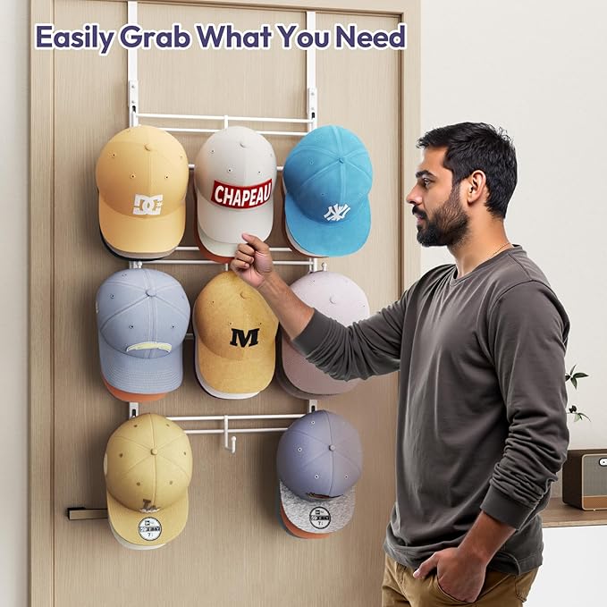 SWTYMIKI Over Door Hat Organizer - 3 Tier Metal Adjustable Wall Mounted Hat Rack with 9 Hooks Design, Hanging Baseball Cap Organizer Storage Holds up to 27 Caps for Door, Bedroom, Closet