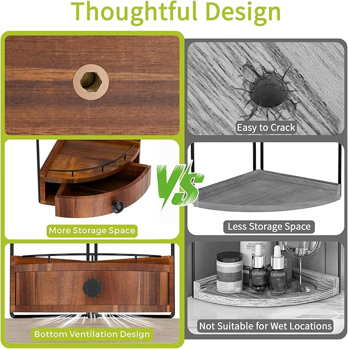 2-Tier Corner Bathroom Counter Organizer with Drawer & Embedded Screw Holes - Wooden Countertop Organizers for Skincare, Makeup Storage, Bathroom Sink Counter Shelf for Vanity, Acacia Wood-Brown