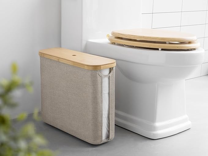 StorageWorks Toilet Paper Storage with Bamboo Lid, Toilet Paper Holder Basket for Up to 9 Mega or 12 Regular Size Rolls, Medium Paper Storage Baskets for Bathroom, Light Khaki, 1 Pack