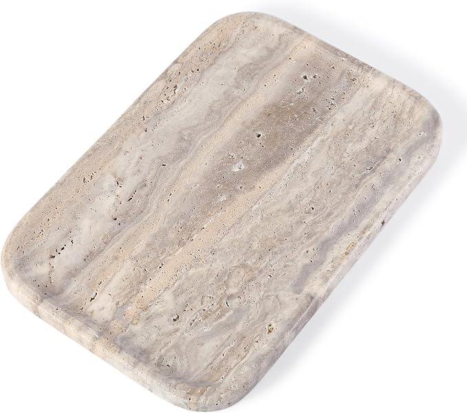 Karibiber Marble Vanity Trays, Travertine Bathroom Tray, Decorative Tray for Dresser Countertop, Grey Stone Serving Holder for Kitchen, Storage Trays for Perfume, Jewelry Candle Organizer
