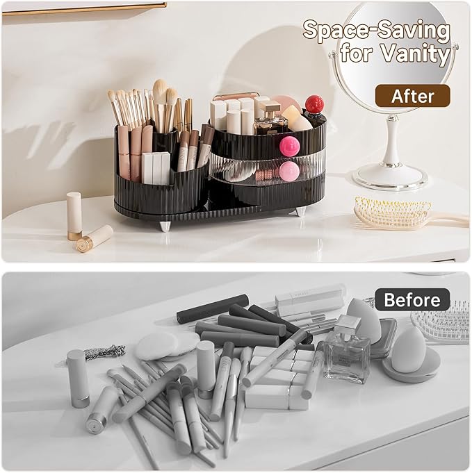 UFORU Makeup Organizer Countertop for Vanity with 360° Rotating Brush Holder, 3 Layer Cosmetic and Jewelry Storage, Makeup Display Case for Skincare&Perfume, Black