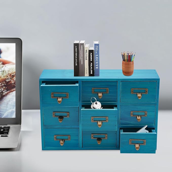 Schreibtisch-Organizer mit 9 Schubladen, Apothekerschrank, Schubladen-Organizer mit Etiketten und Metallgriffen, blau