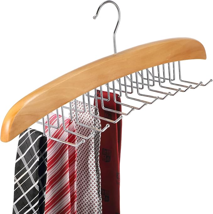 Jetec 2 Pieces Tie Rack Tie Hanger 24 Hooks Wooden Tie Rack Hanger for Closet 360 Degree Rotating Belt Holder Tie Organizer for Men Women Bras Tank Tops Camisoles(Natural Wood Color)
