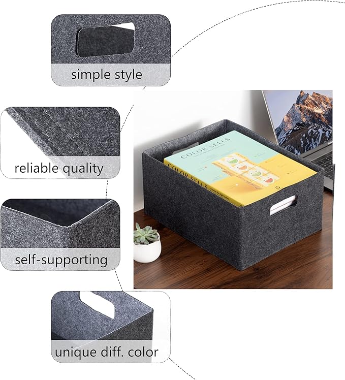 Self-supporting collapsible felt storage basket in darkgrey for storaging and sorting of clothes, toys and office files