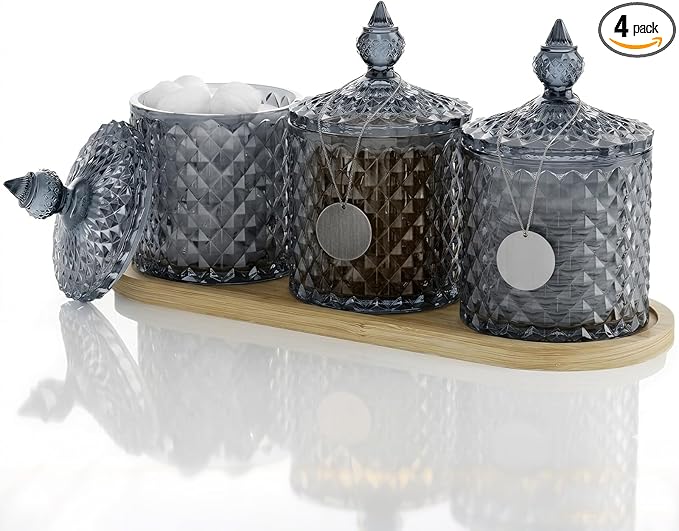 3Pack Qtip Holder Set with Bamboo Tray - 10oz Grey Glass Diamond-Facet Apothecary Jars with Lids - Bathroom Canisters for Cotton Swabs, Balls, Pads & Floss Picks - Vanity Storage Organizer
