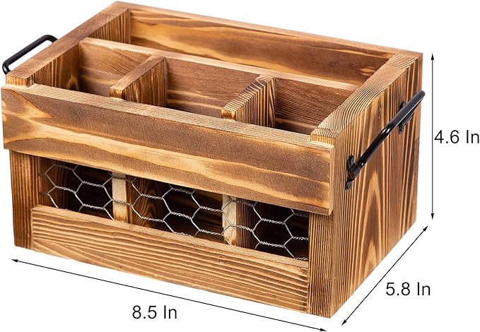 Rustic Weathered Brown Wood Utensil & Napkin Holder Black Metal Handles Chicken Wire Front Panel Kitchenware and Tableware Organizer Wooden Cutlery Storage Caddy Kitchen Dining Room Fork Spoon
