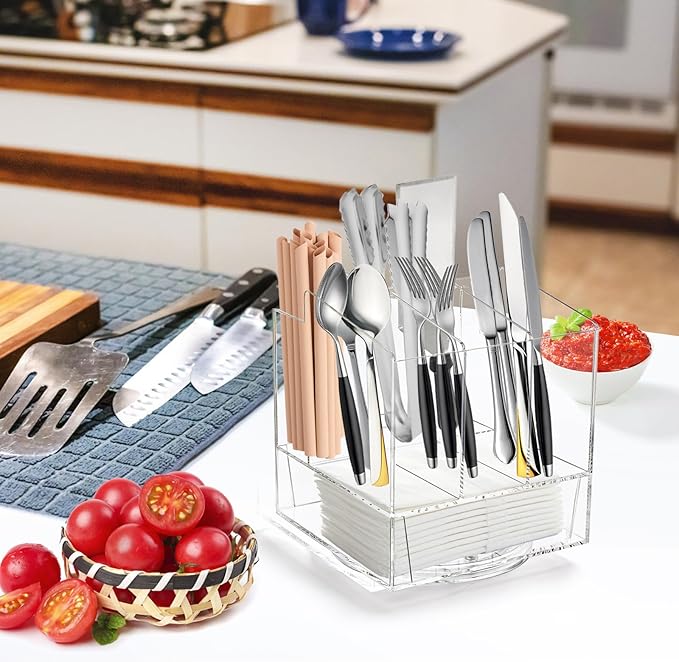 Cididu Acrylic Utensil Holder 360 Rotating, 2 Tier Silverware Organizer with Napkin Storage, Space Saving Countertop Caddy for Kitchen Table, Party, Holds Forks, Spoons, Knives, Napkins, 6.7''x7.8''
