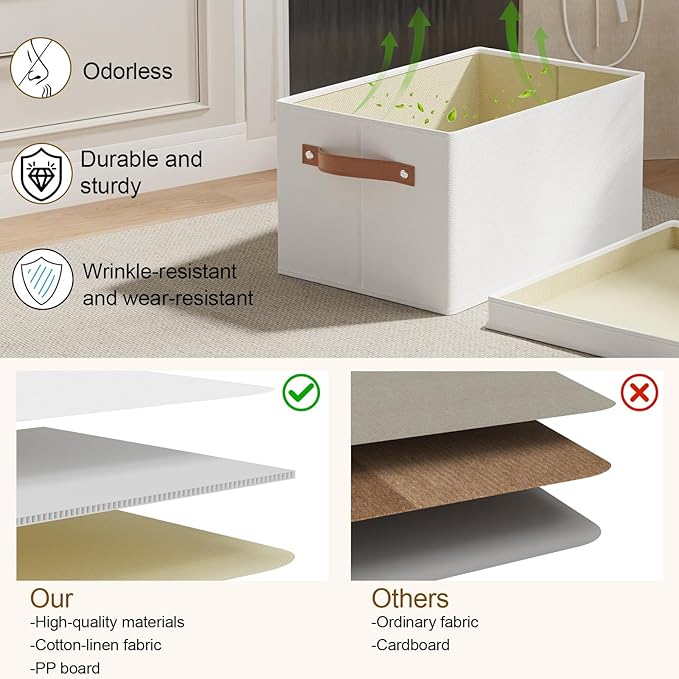 Fabric Storage Boxes with Lids, 10.2×7.8×6.7 Inch Clothes Bins for Shelves, Closet Organizers for Organizing with Handles, White, 3-Pack