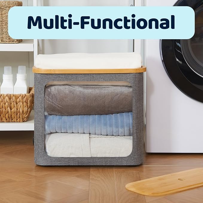 Toilet Paper Basket, Toilet Paper Storage with Lid for 12 Rolls, Bathroom Storage Organizer with Bamboo Lid, Grey