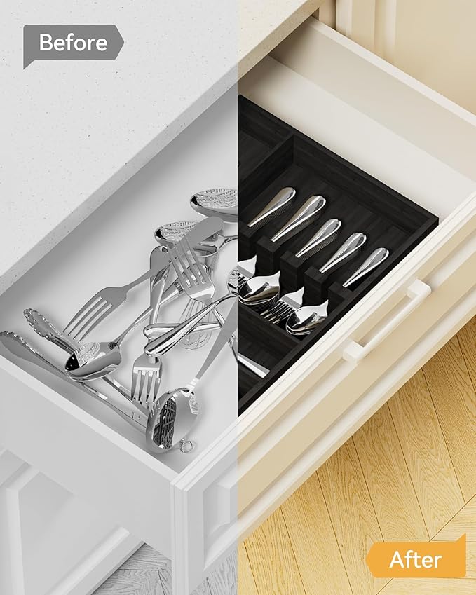 Yofidra ofidra Bamboo Silverware Organizer, 16.3″x12.24″x2.6″ Kitchen Utensil Drawer Organizer, Silverware Tray for Drawer with Fixed Slots for Spoons, Forks & Knives, Black